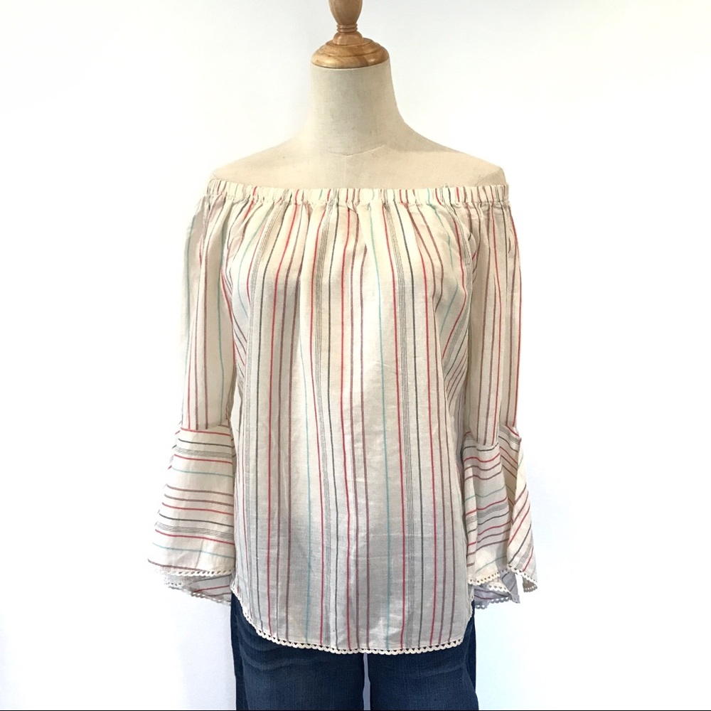 Solitaire Beige Striped Off the Shoulder Top Trumpet Sleeves Medium Cotton